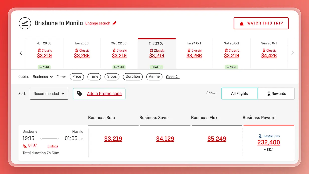 Qantas Classic Plus pricing error, BNE-MNL