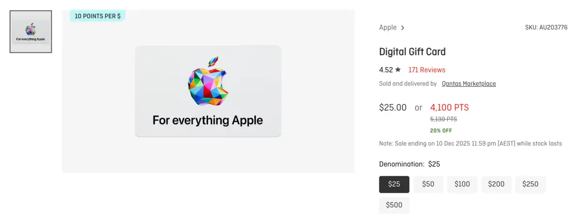 10x Qantas Points on Apple gift cards.