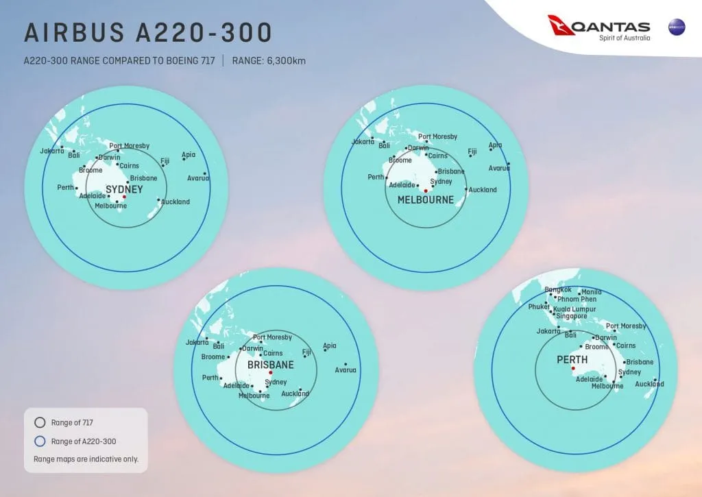 Qantas A220 Range Map