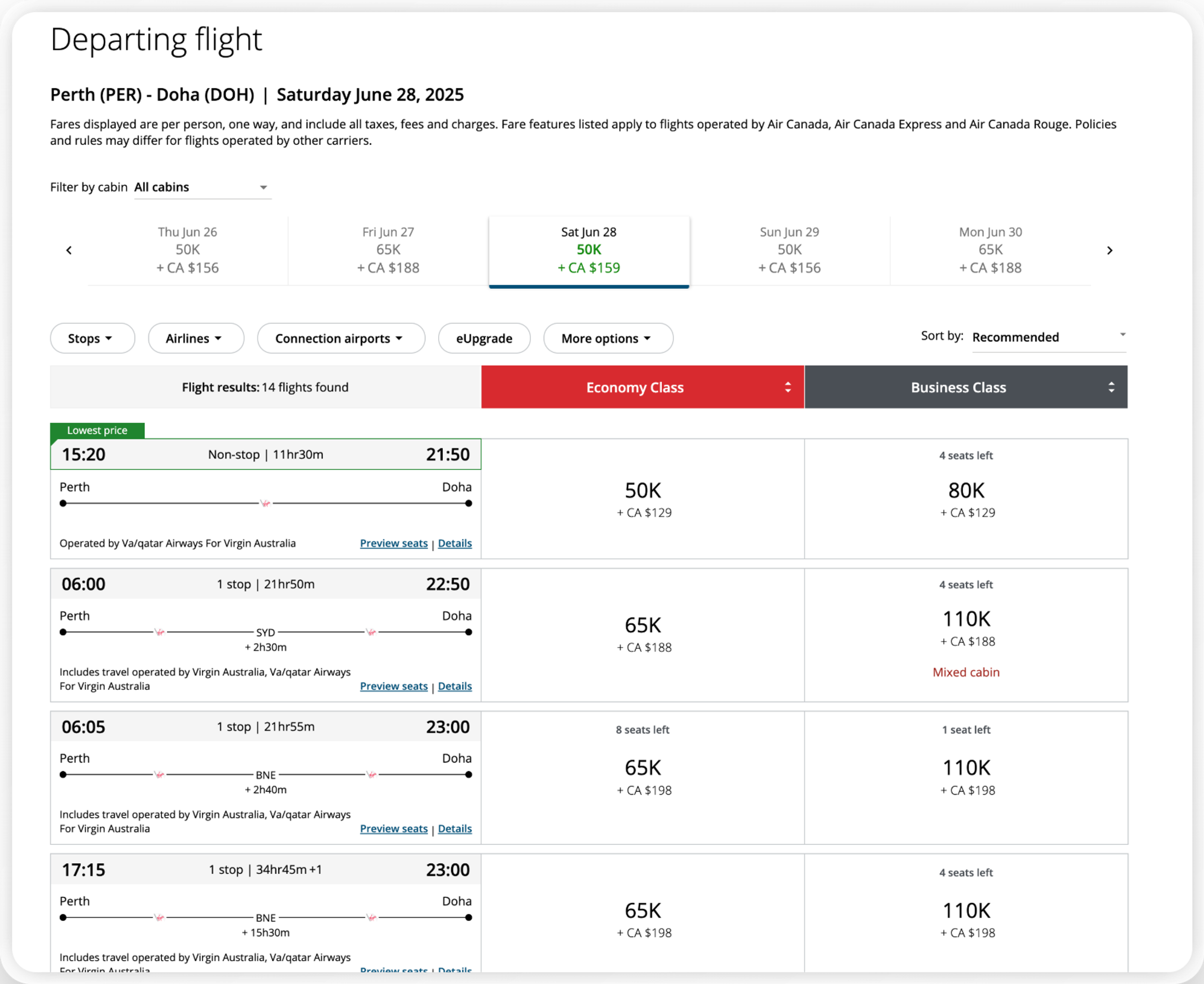 perth to doha with aeroplan