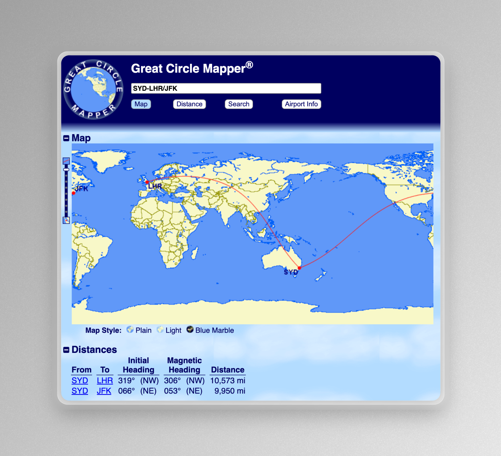 Great Circle Mapper can be used to determine flight distance