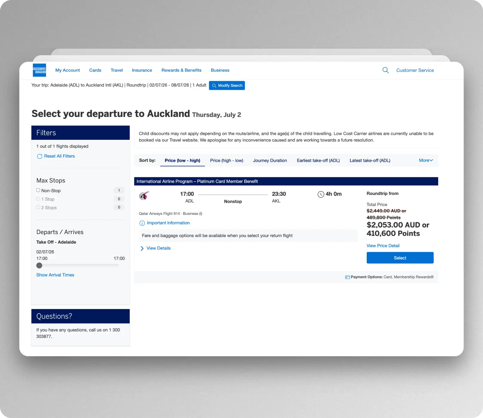 Amex Platinum Qatar Airways discount
