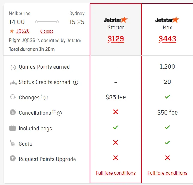 Jetstar fares on Qantas