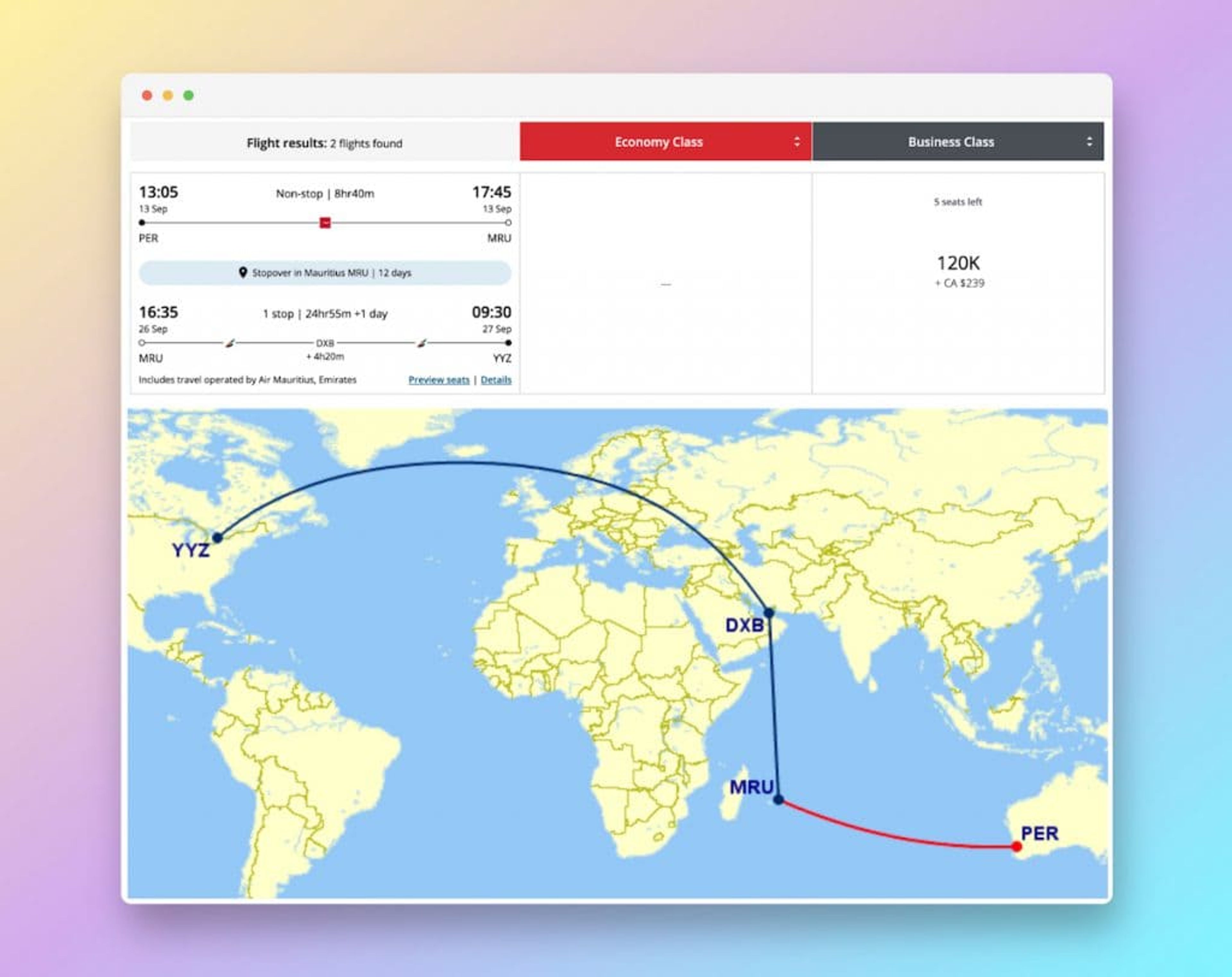 Aeroplan PER MRU YYZ