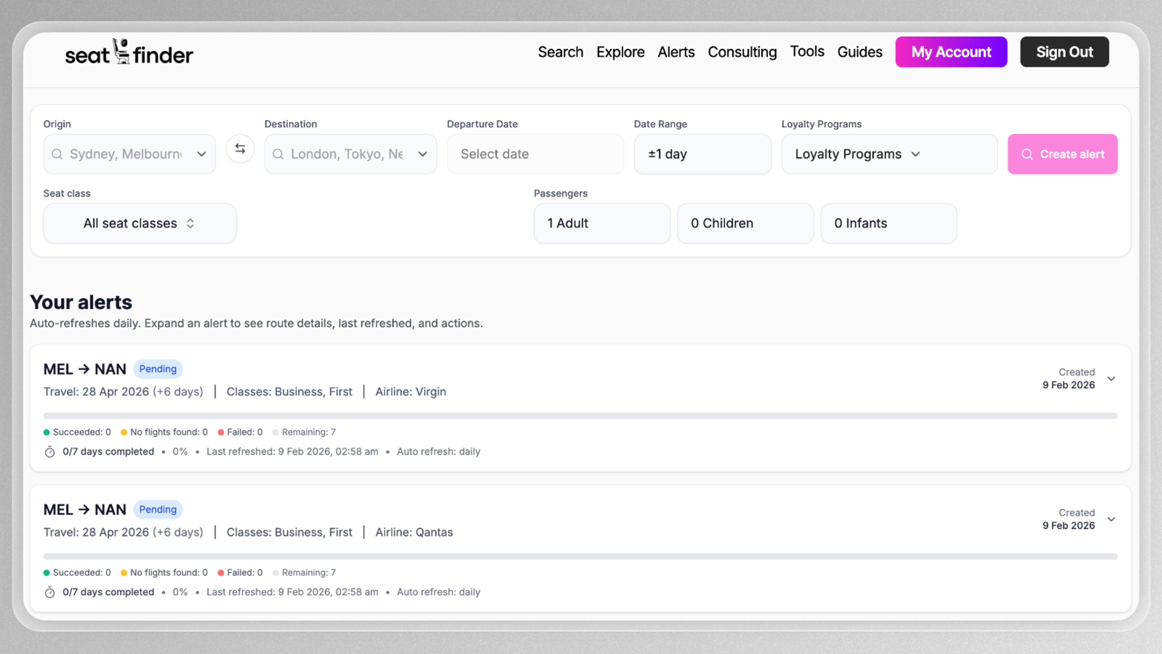Registering an alert with Seatfinder