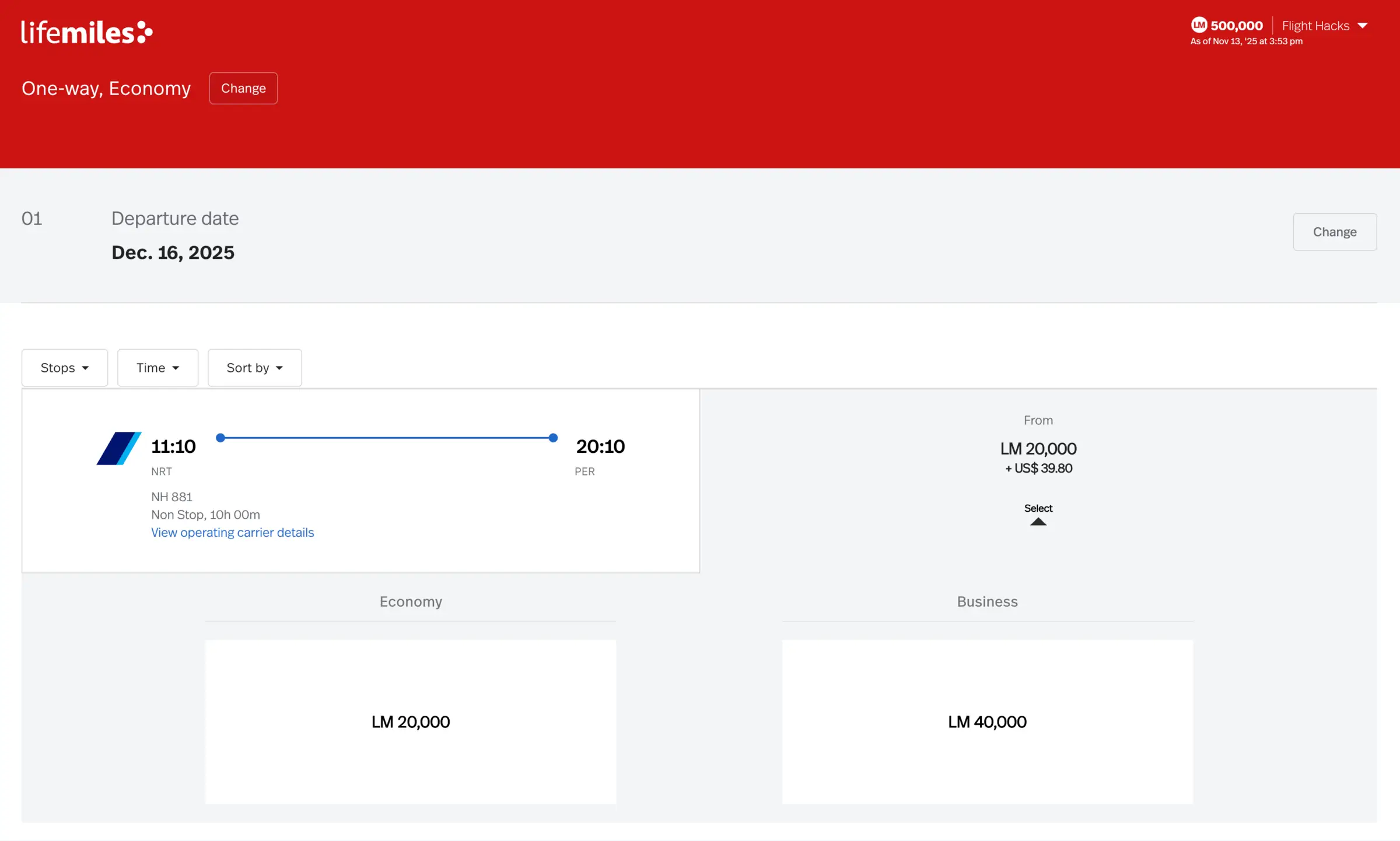 Lifemiles redemption flying ANA from Tokyo to Perth.
