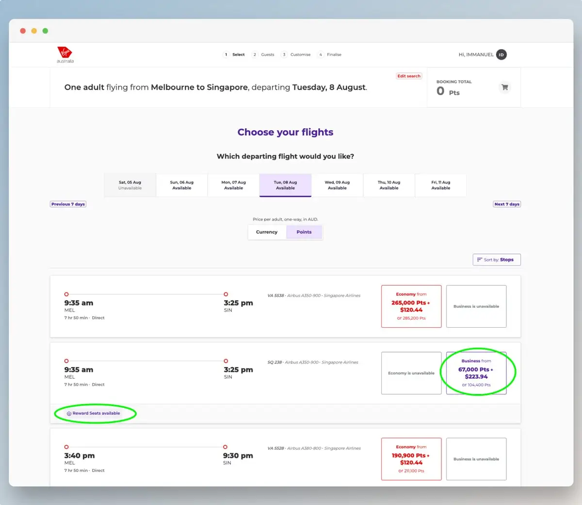 How to book Singapore Airlines using velocity points