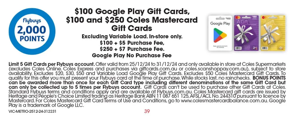 Earn 2,000 Flybuys points on Coles Mastercard Gift Cards