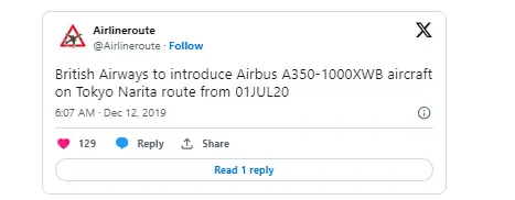 British Airways New A350 To Start Flying Tokyo Route Tweet