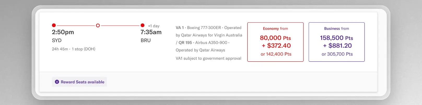 Sydney to Brussels using Velocity points