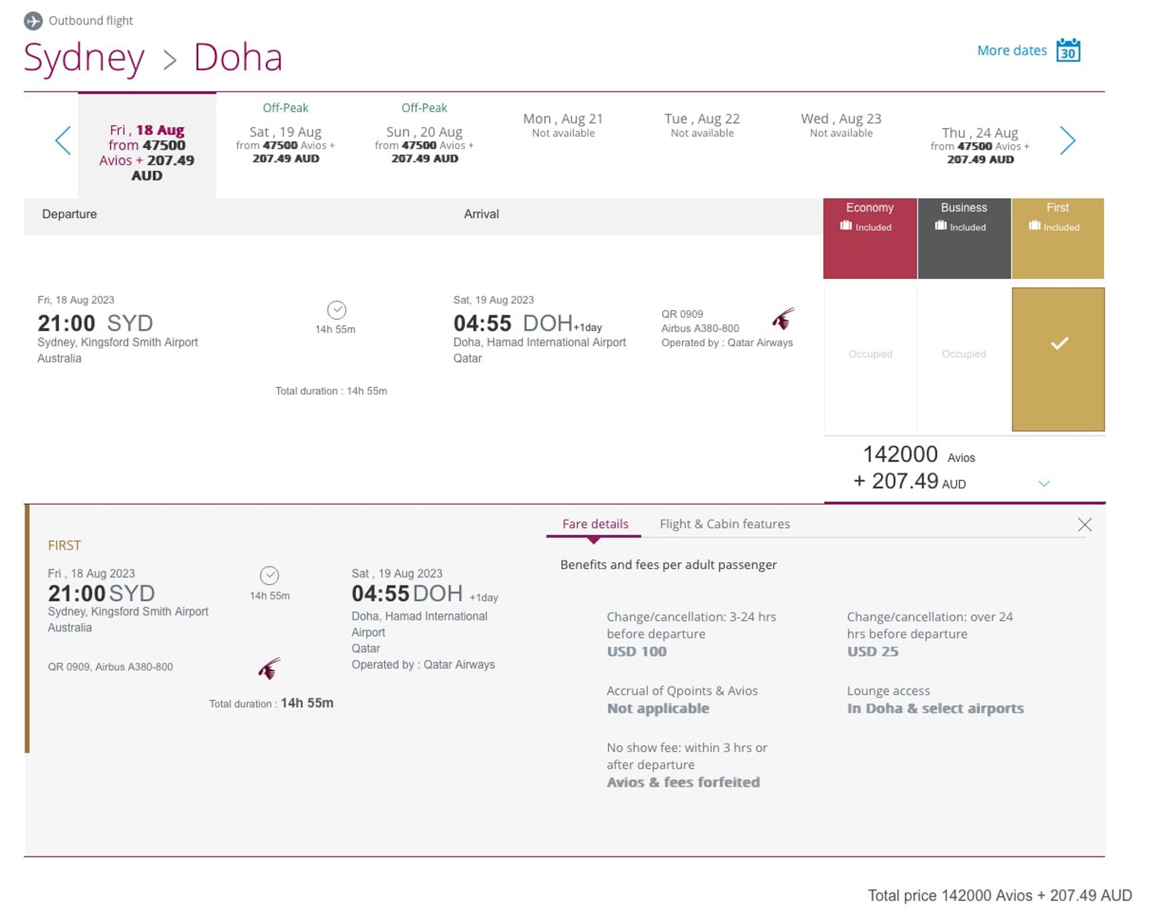 Qatar Peak Pricing FIrst Class to Doha