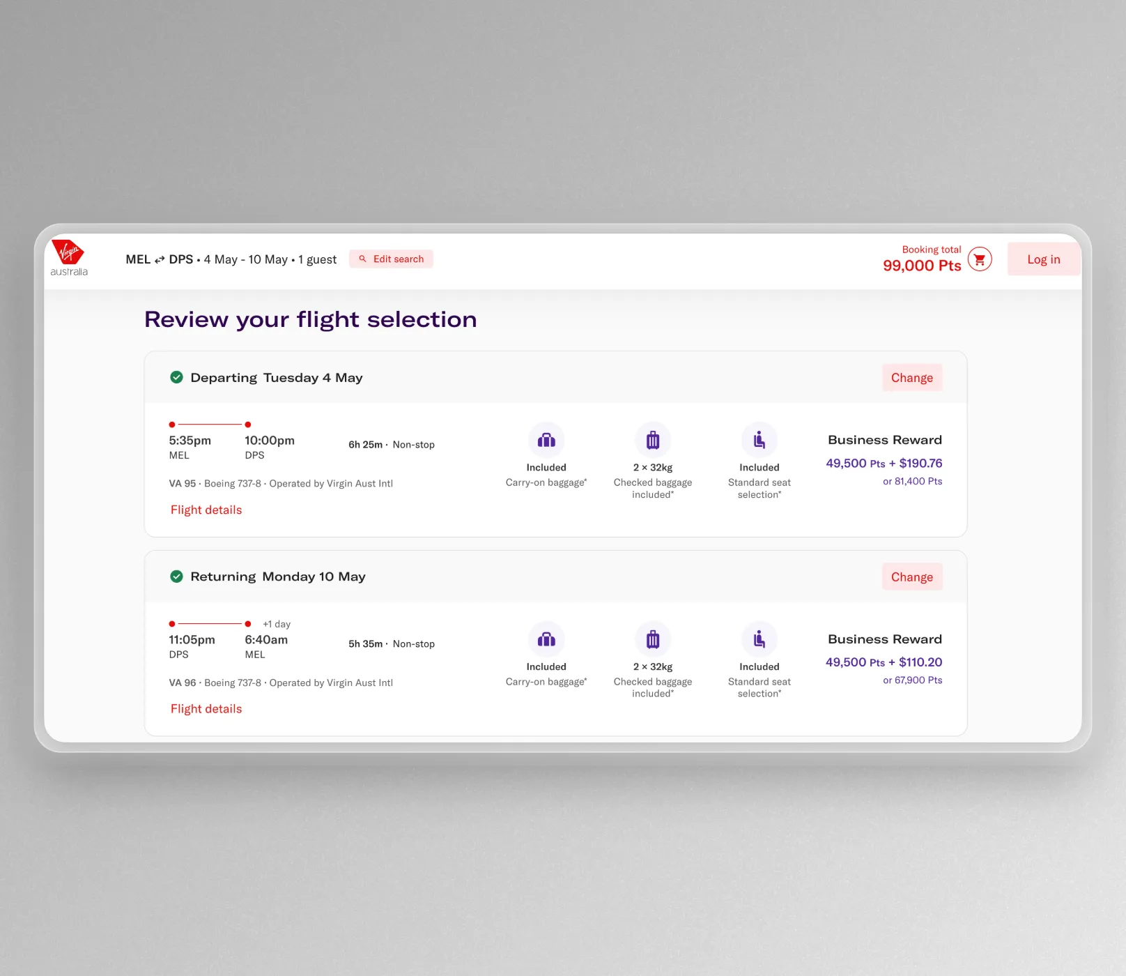 Velocity Reward Seat booking