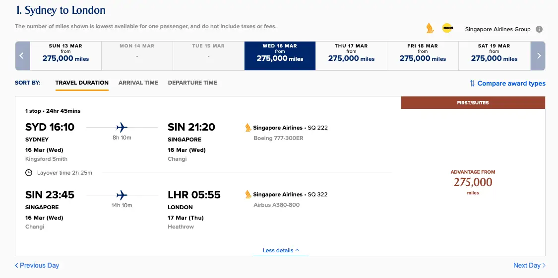 Booking with KrisFlyer miles