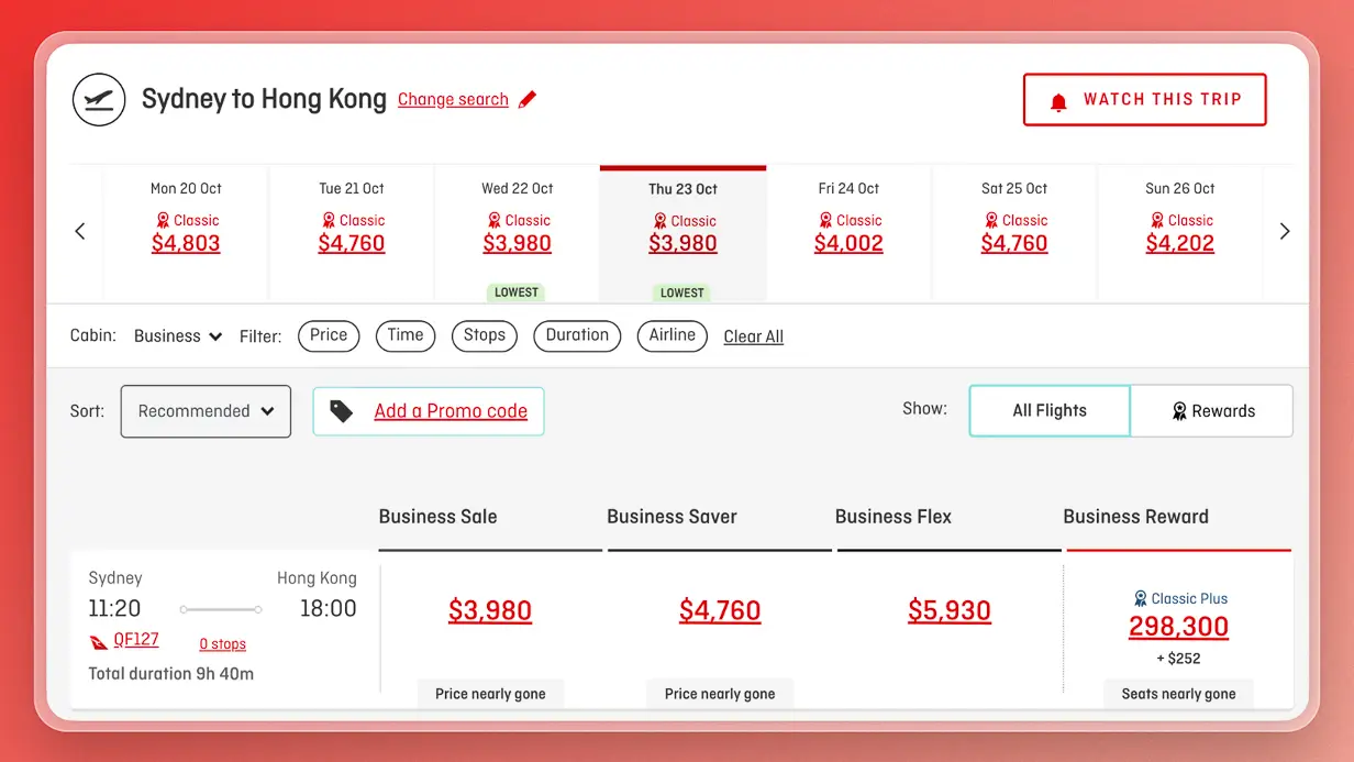 Qantas Classic Plus pricing error, SYD-HKG