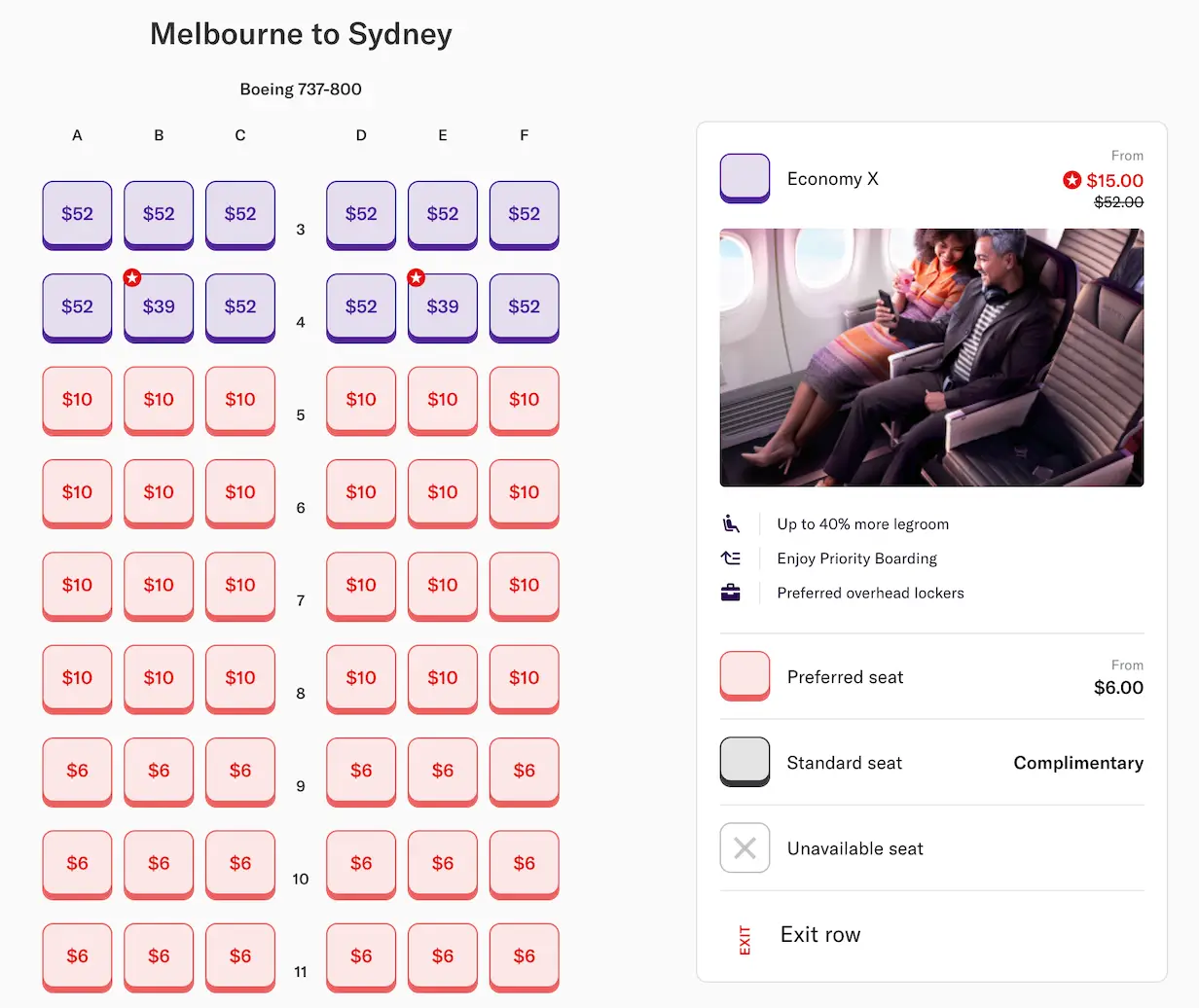 Economy X seat selection page