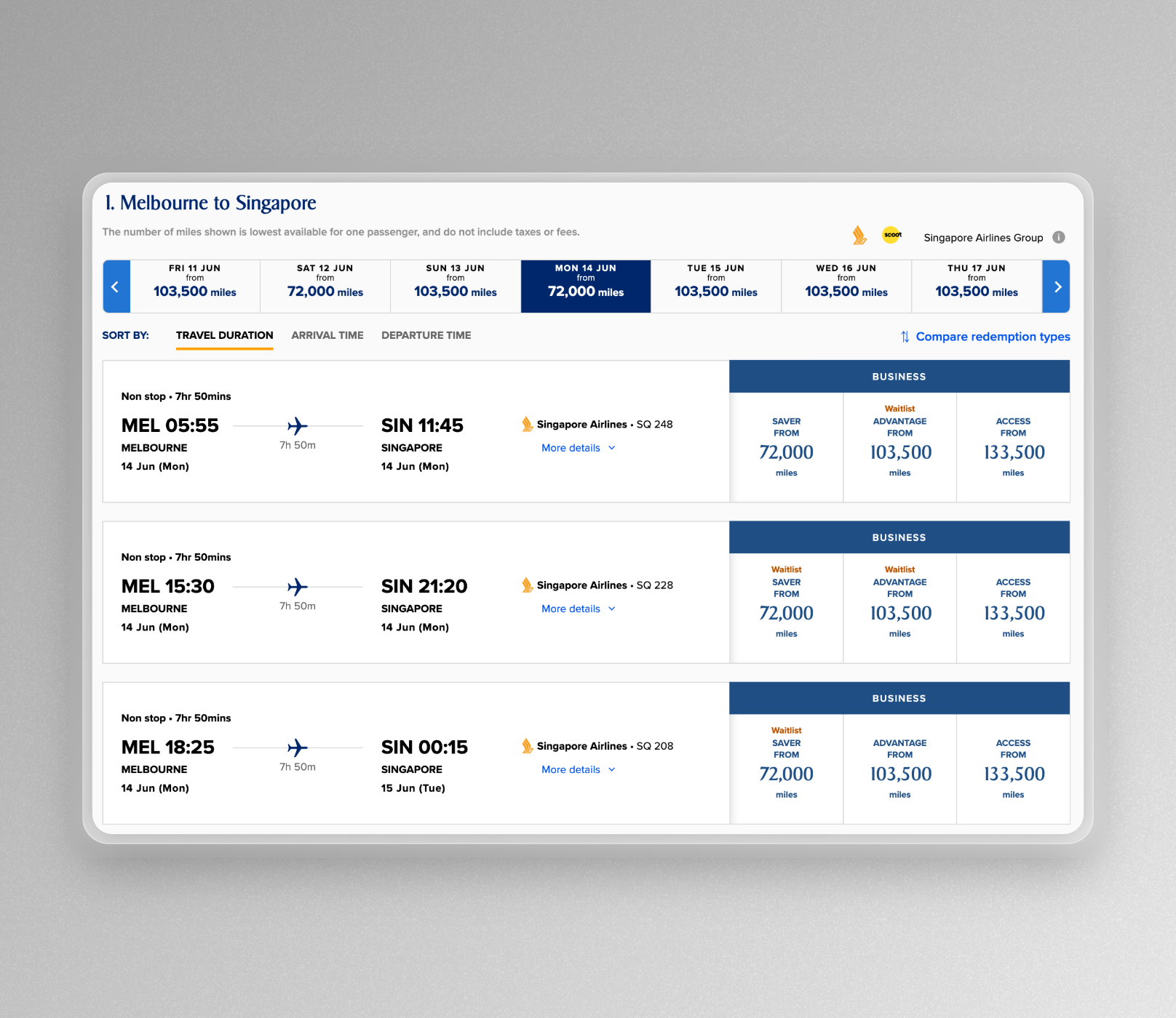 Singapore Airlines KrisFlyer reward search