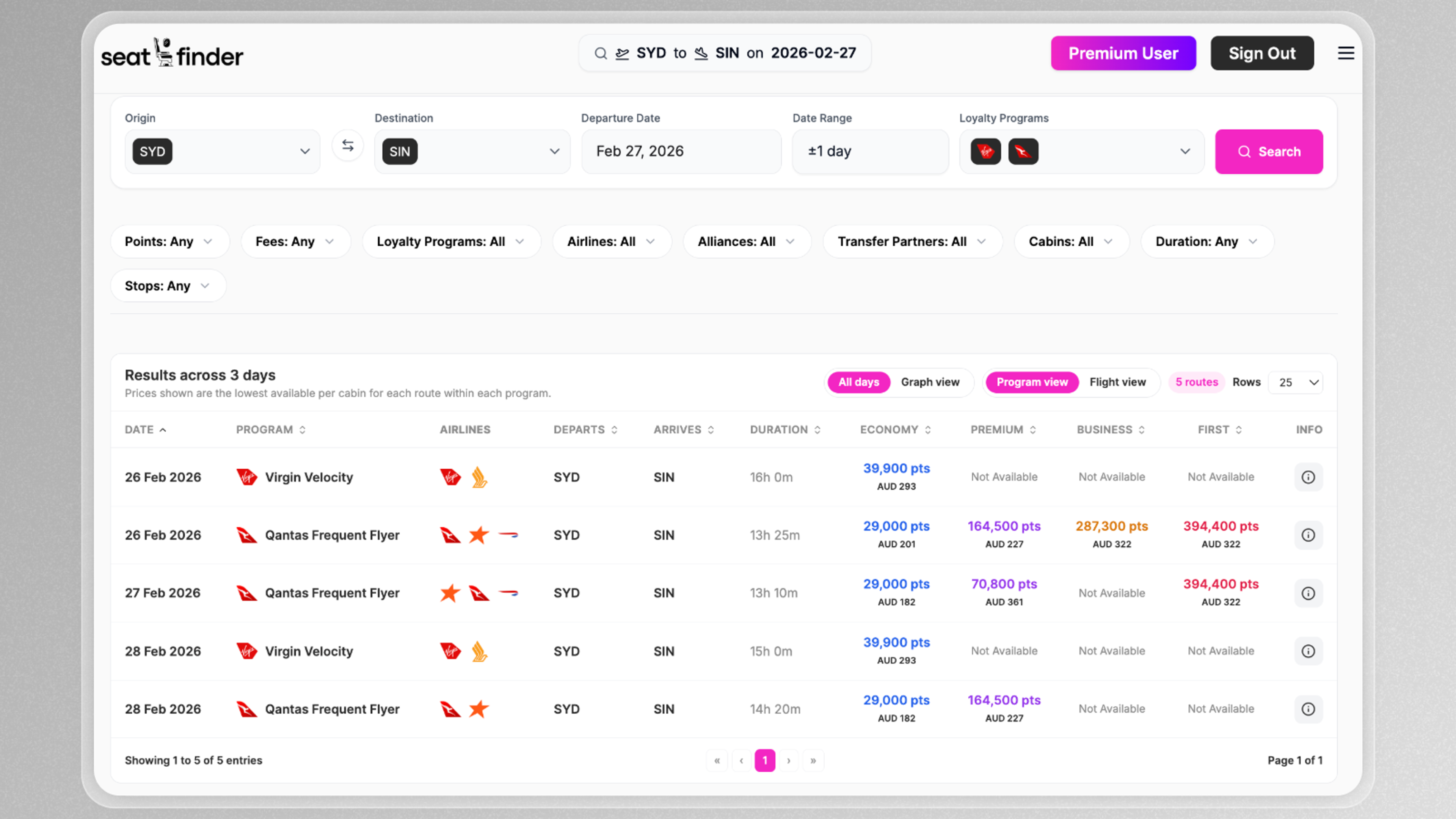 Live Award Searches With Seatfinder