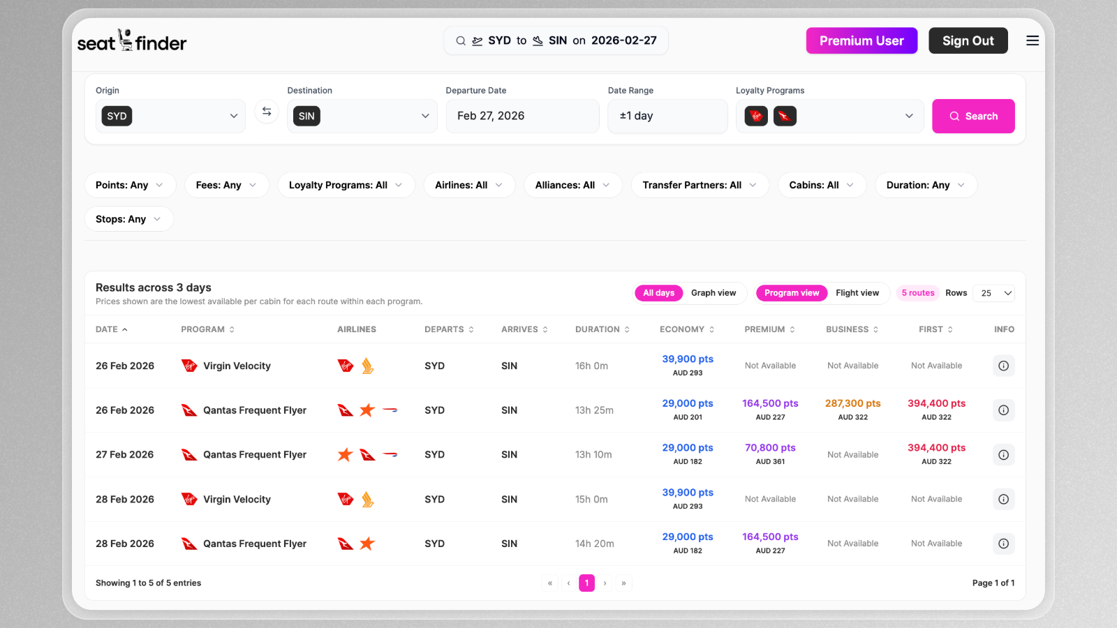 Live Award Searches With Seatfinder