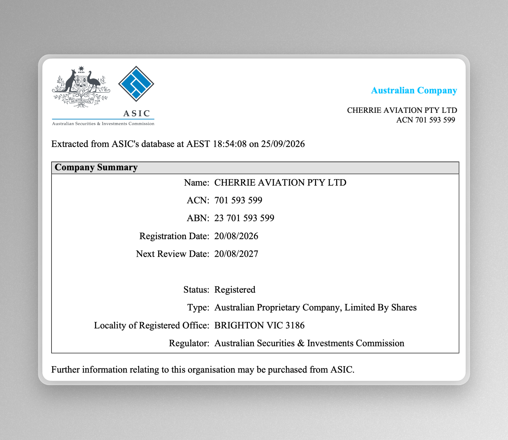 Cherrie Aviation was registered with ASIC in August