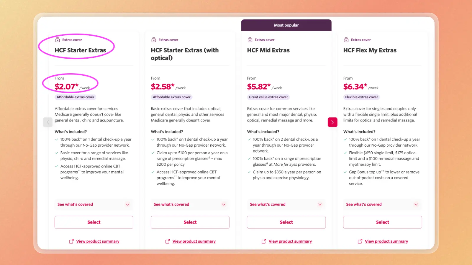 An example HCF extras-only quote we received