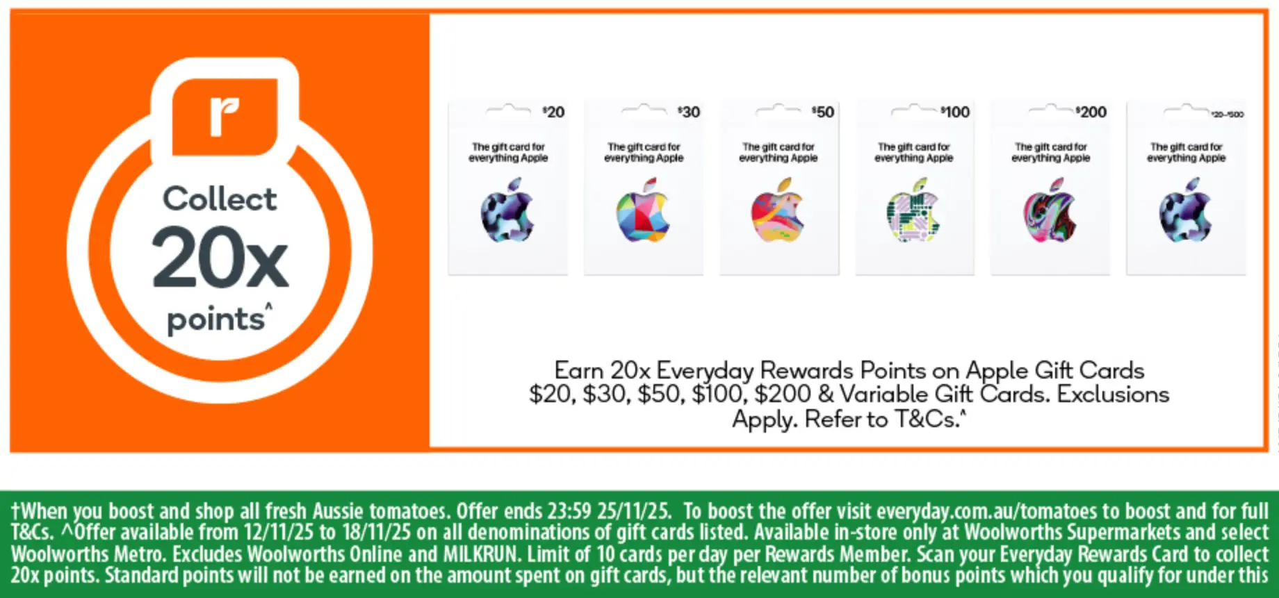 Bonus Everyday Rewards Points on gift cards at Woolworths.