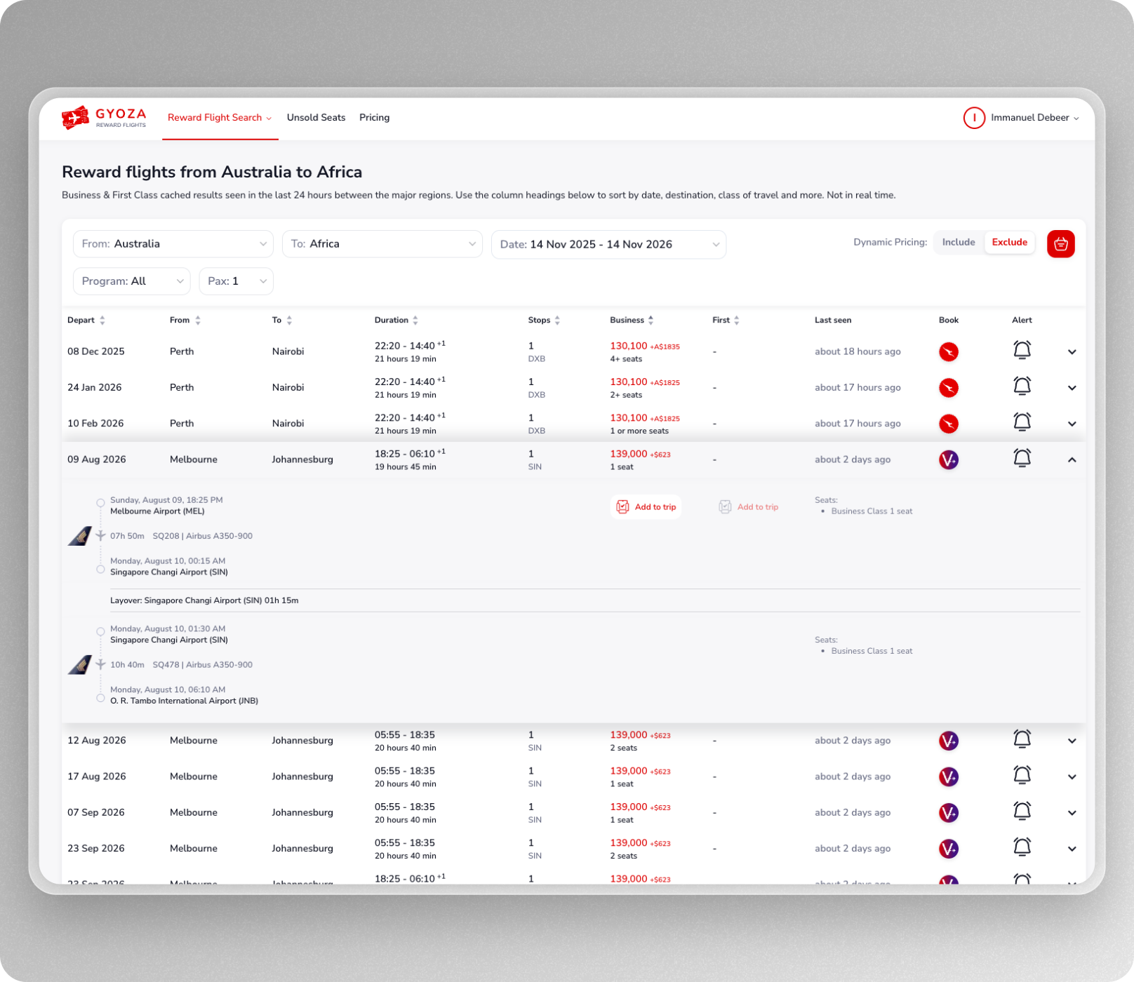 Use Gyoza to quickly find award seats to South Africa