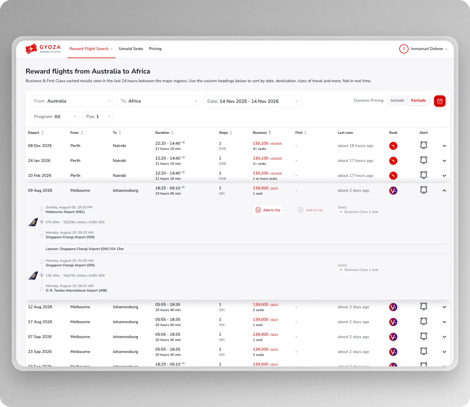 Use Gyoza to quickly find award seats to South Africa