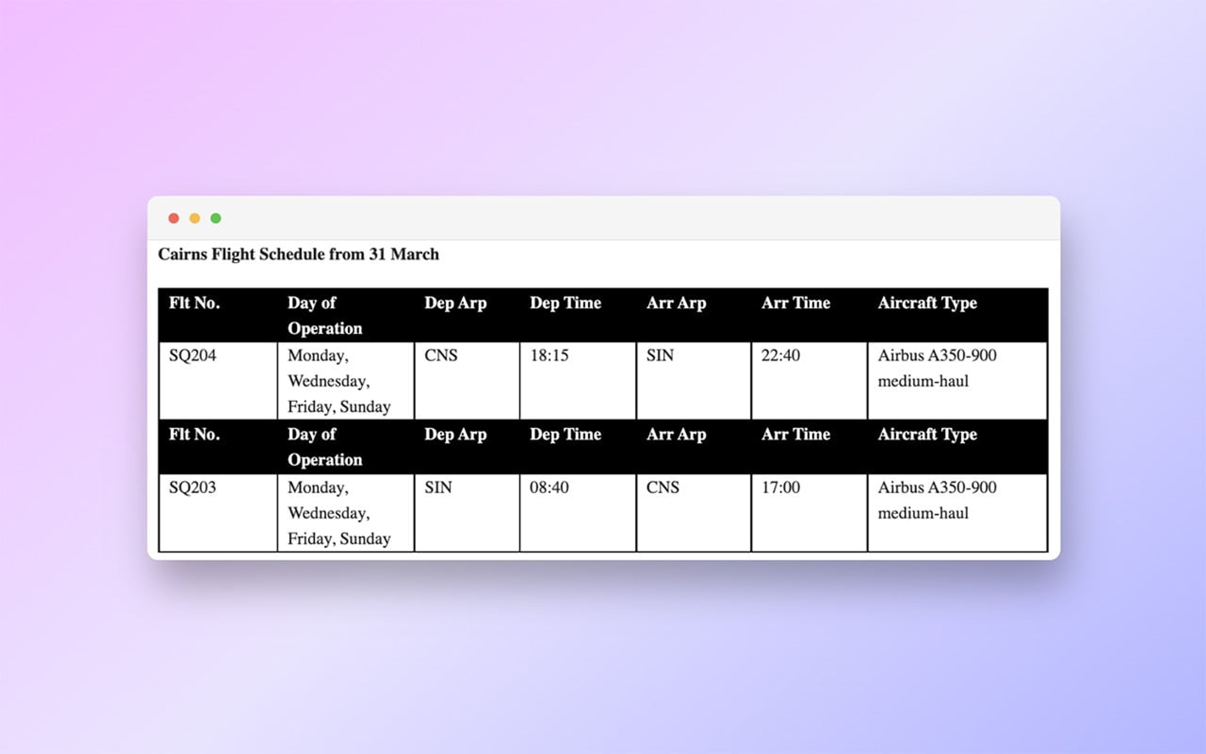 Cairns Schedule 