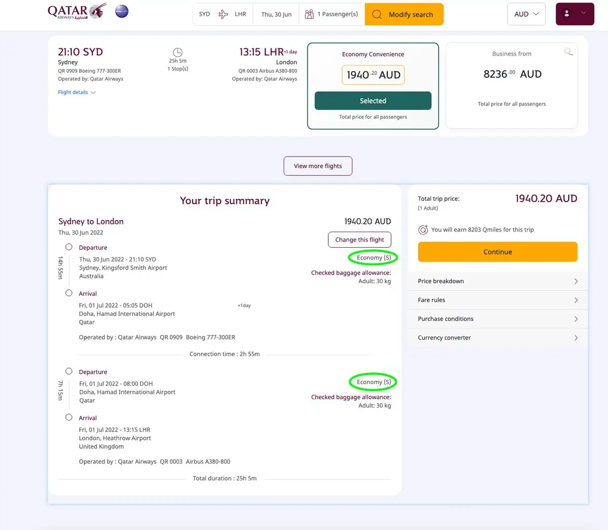 Qatar airways booking class code