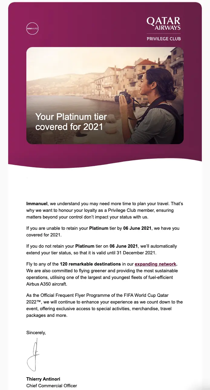 Qatar Airways Privilege Club Announcement