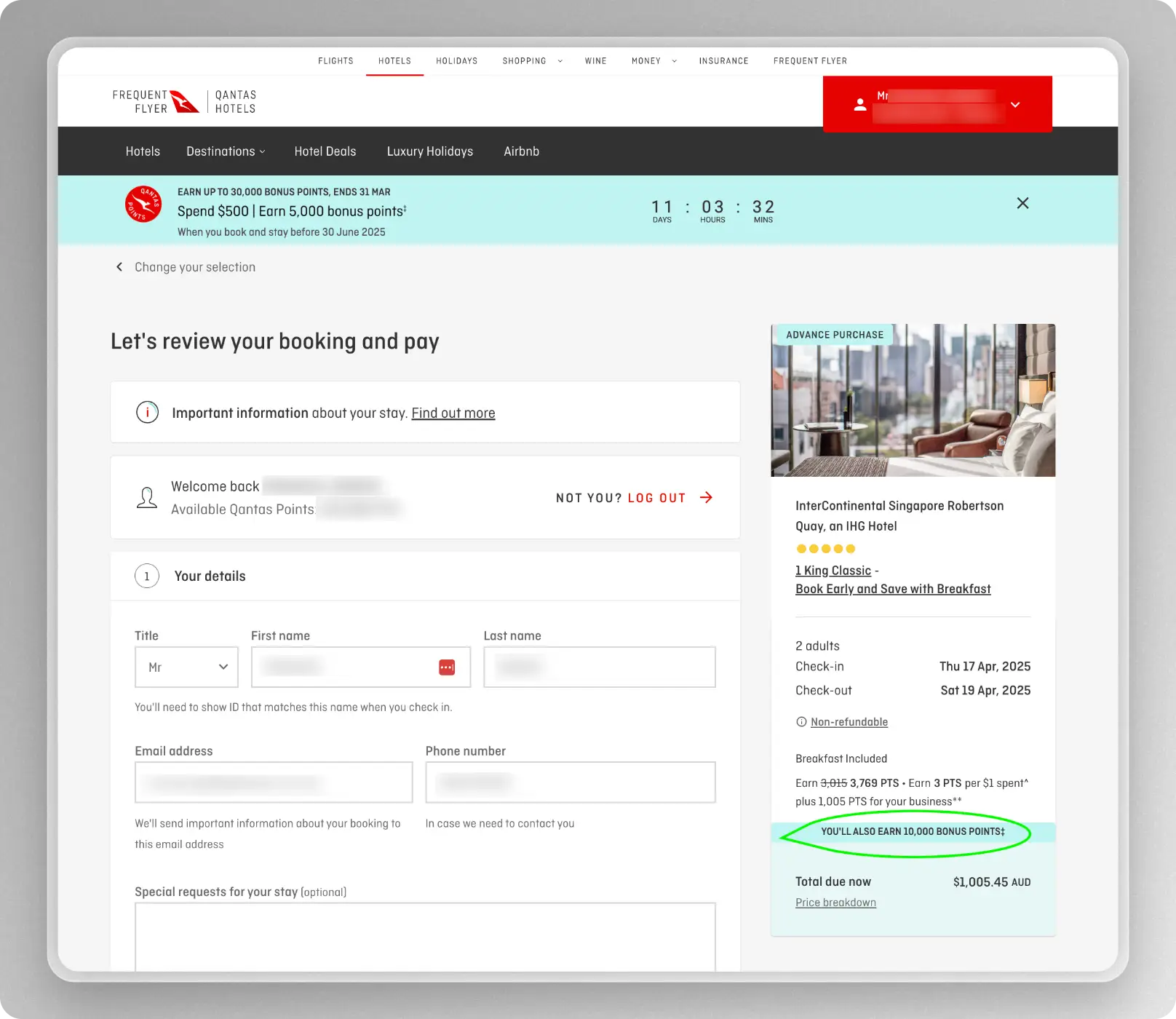 Qantas Hotels bonus offers 2025