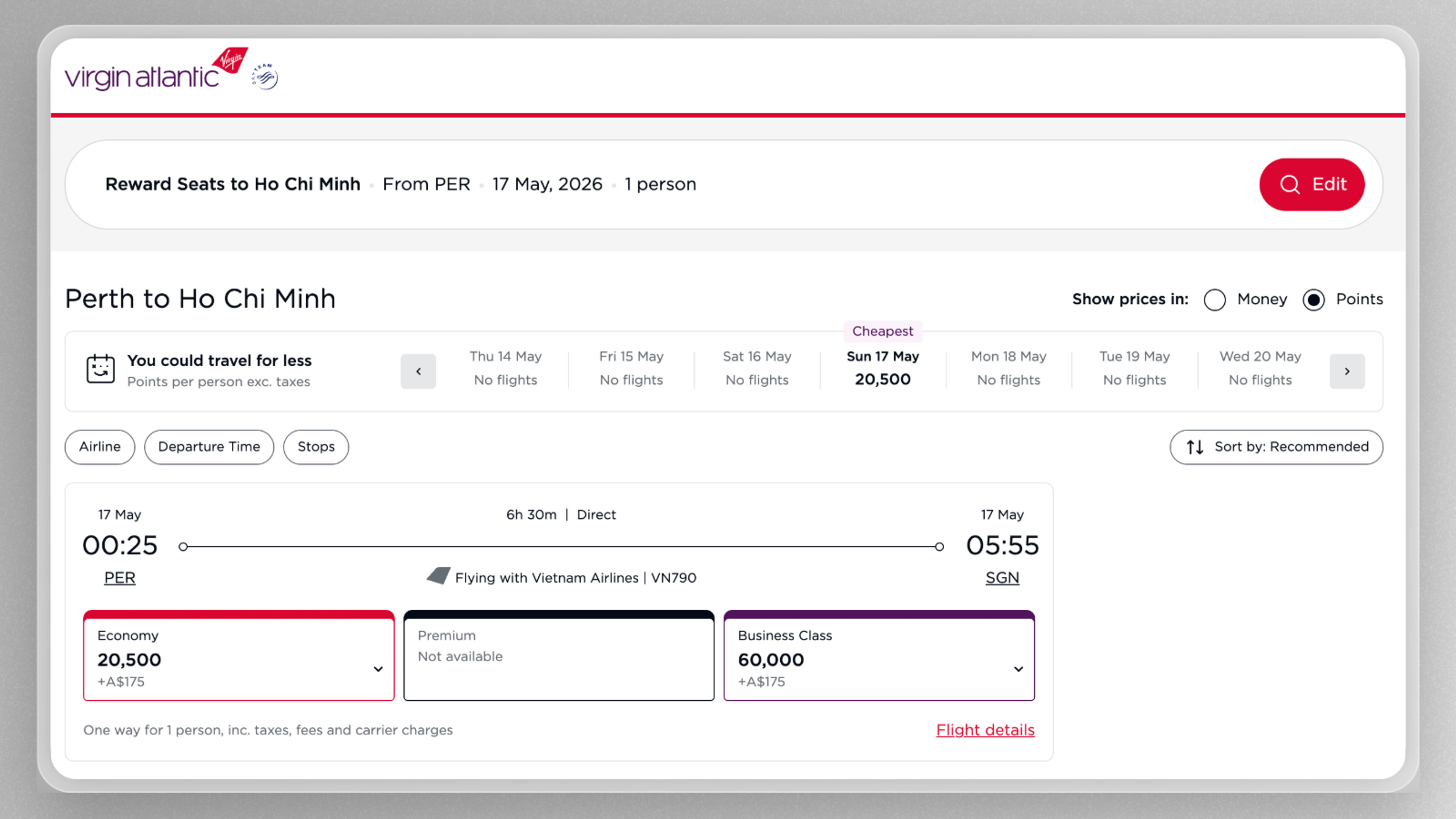 The same flight costs 60k Virgin Points