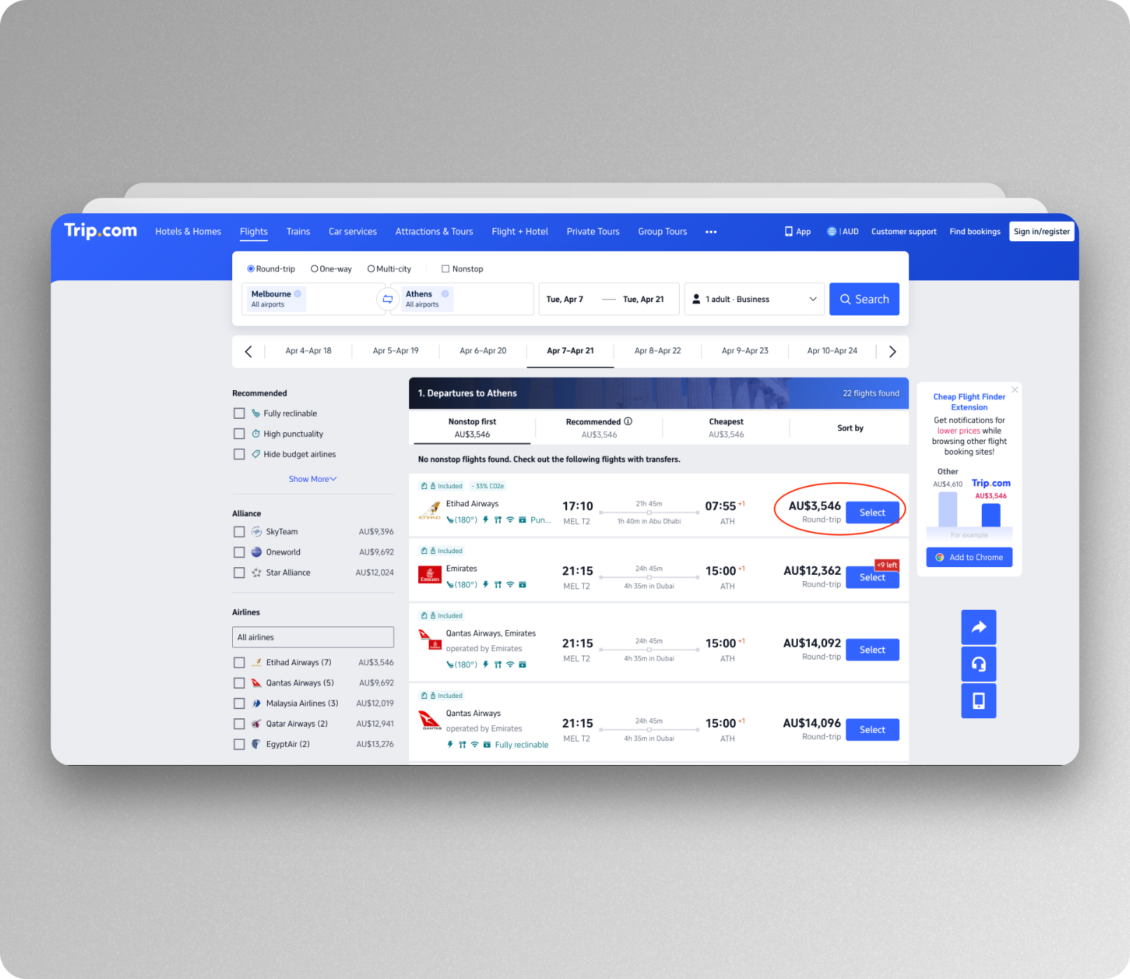 Book via Trip.com to find availability in business class