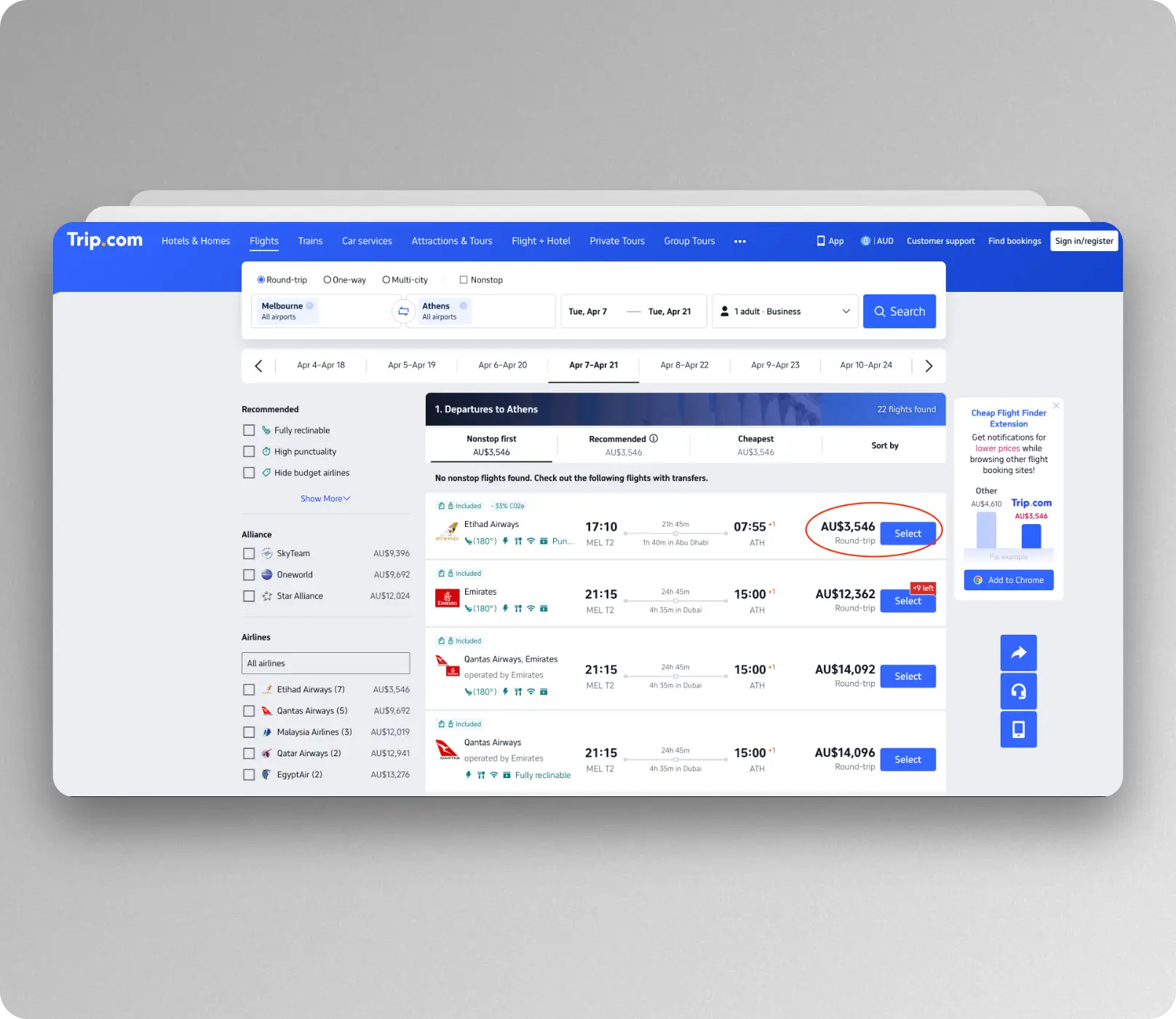 Book via Trip.com to find availability in business class