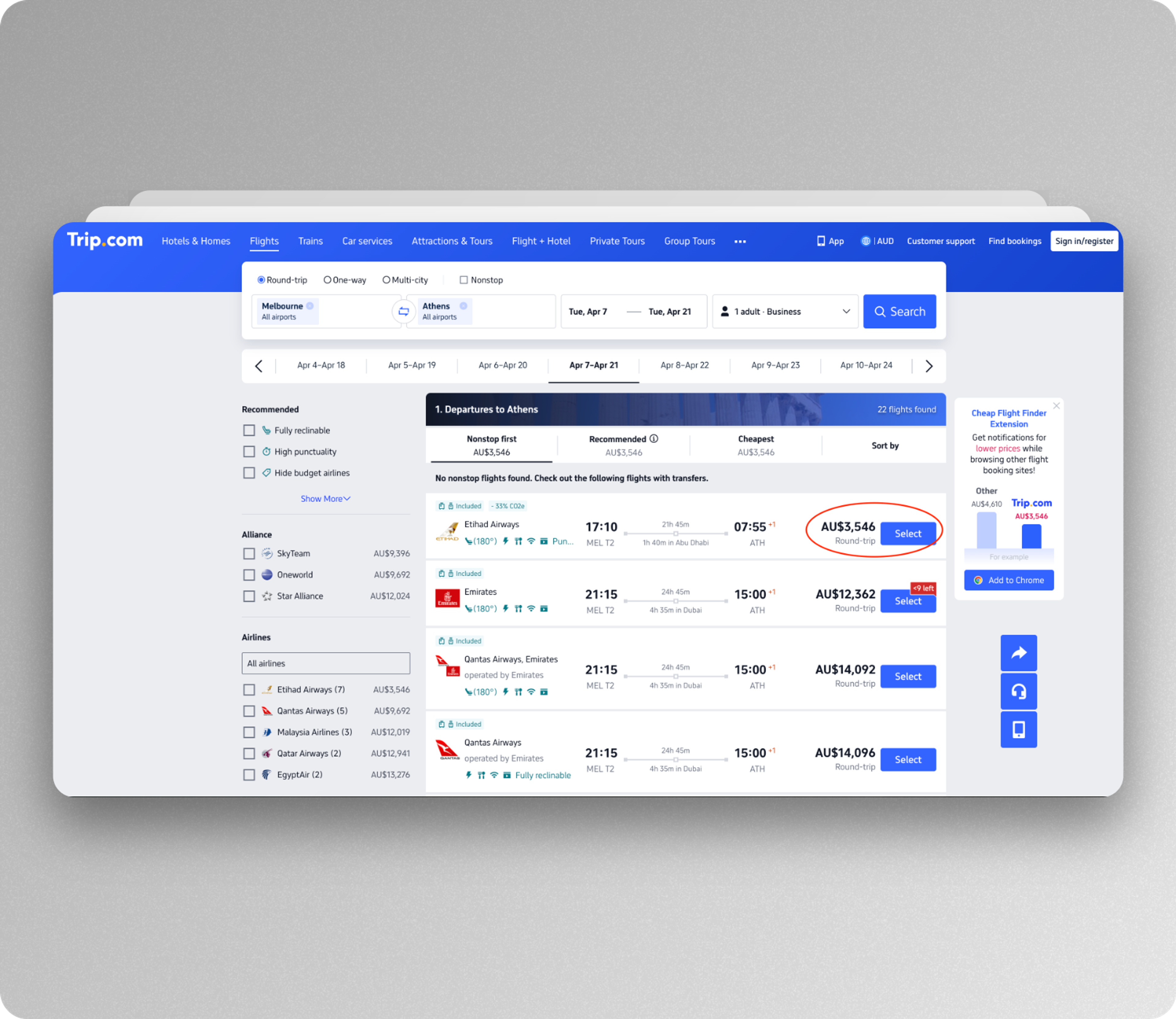 Book via Trip.com to find availability in business class