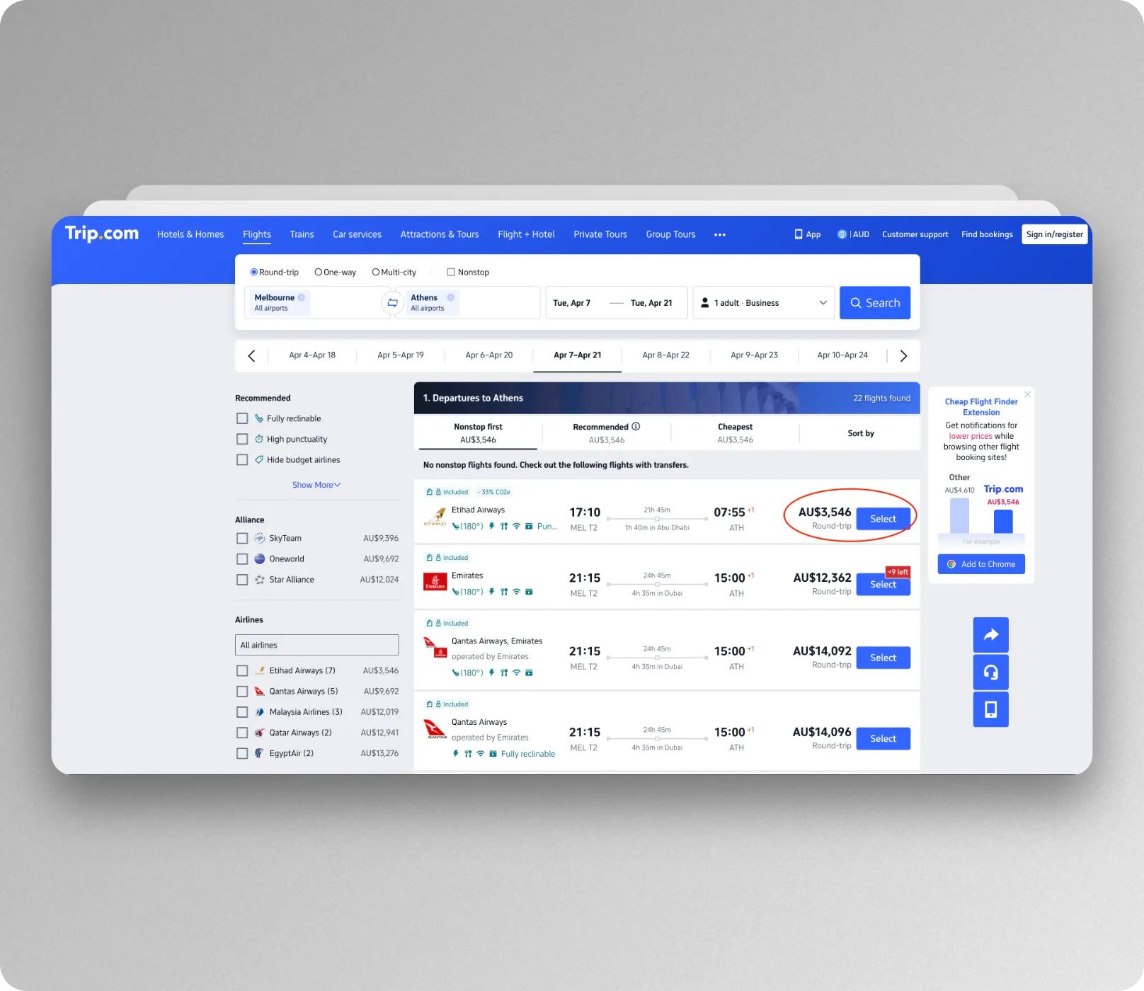 Book via Trip.com to find availability in business class