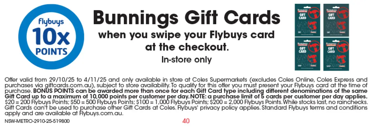Bonus Flybuys Points on gift cards at Coles