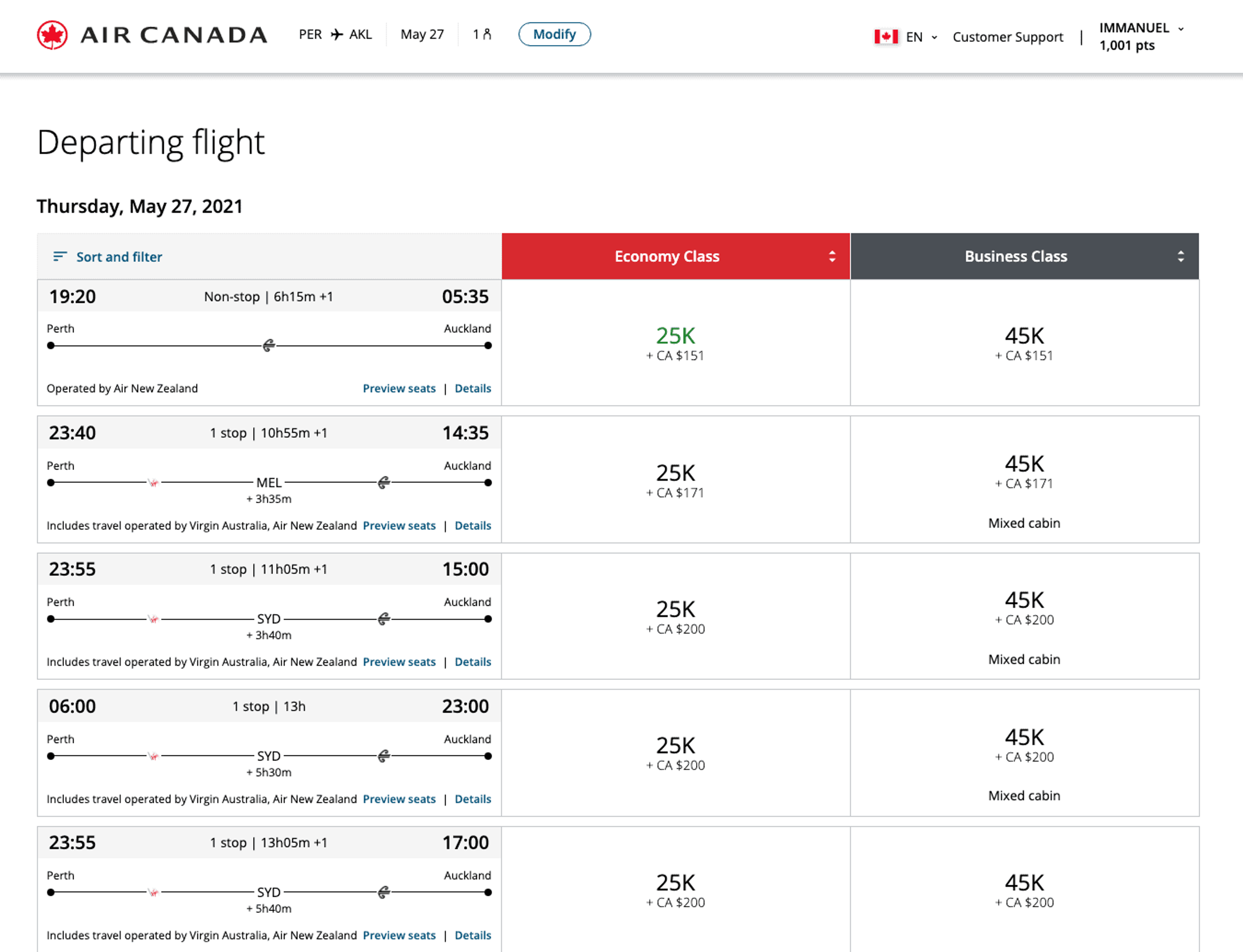 Book Air New Zealand with Aeroplan