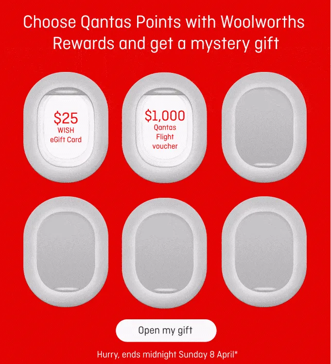 Link Woolworths Rewards to Qantas for a bonus gift egift Card
