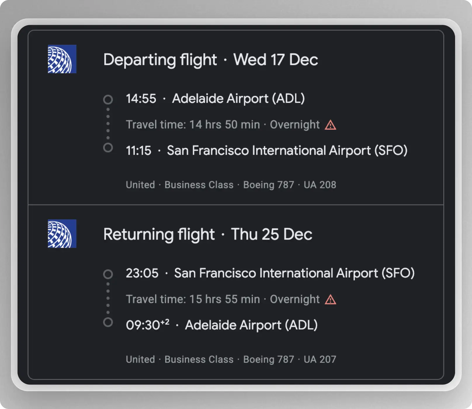 United Airlines Adelaide schedule
