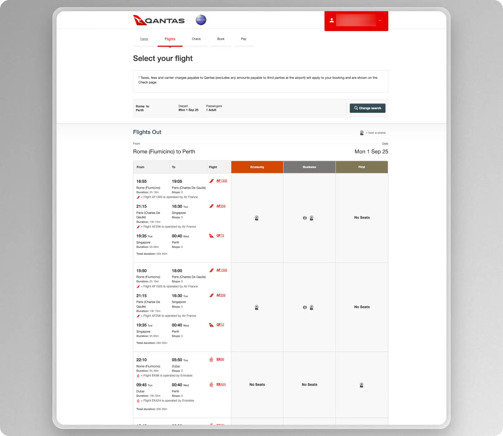 Emirates first class available from FCO-DXB-PER