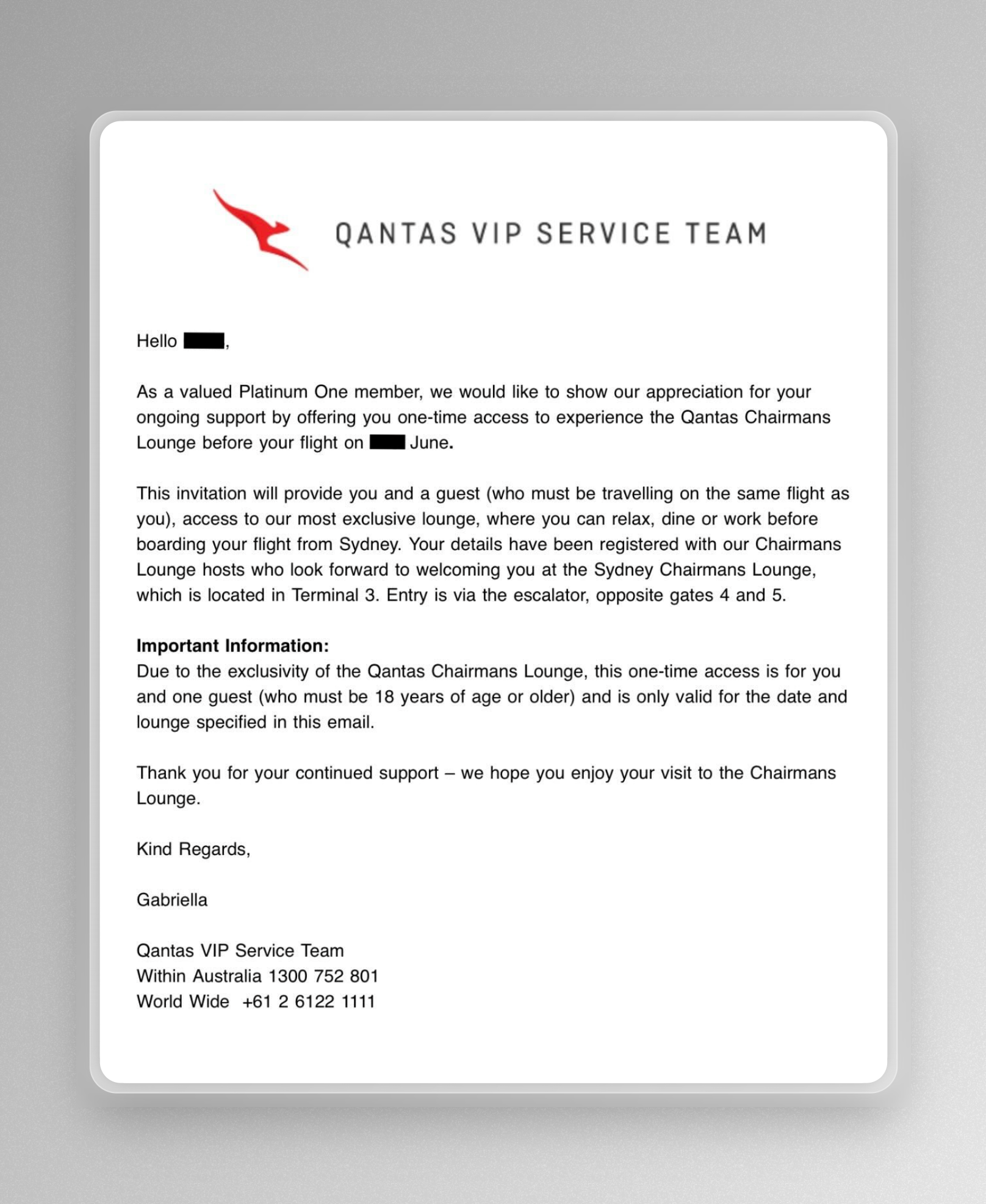 Qantas Opens Chairman's Lounge For Platinum One Members