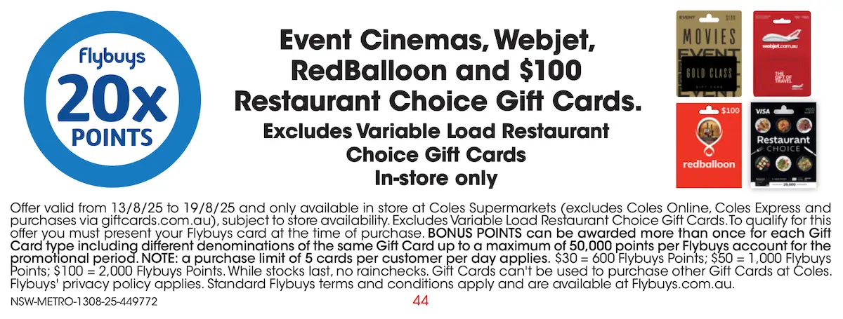 Bonus Flybuys Points on gift cards at Coles