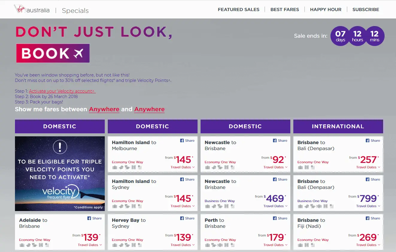 Virgin Australia Triple Points Promo Rates