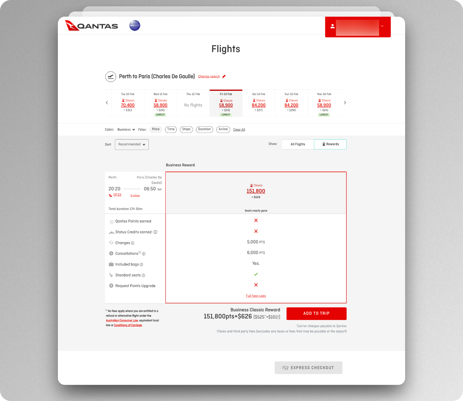 Qantas Perth to Paris business classic flight reward