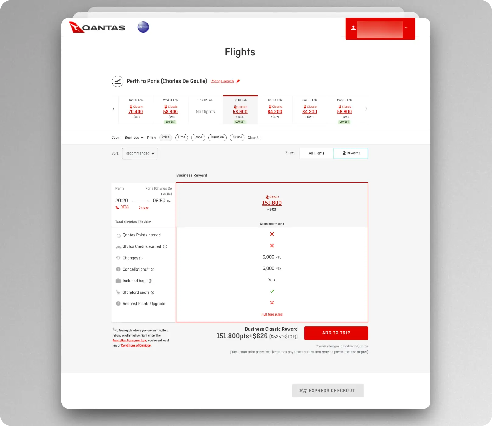 Qantas Perth to Paris business classic flight reward