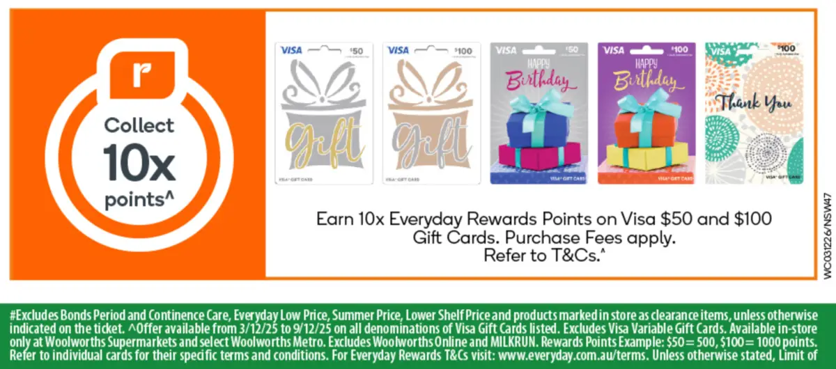 Bonus Everyday Rewards Points on gift cards at Woolworths.
