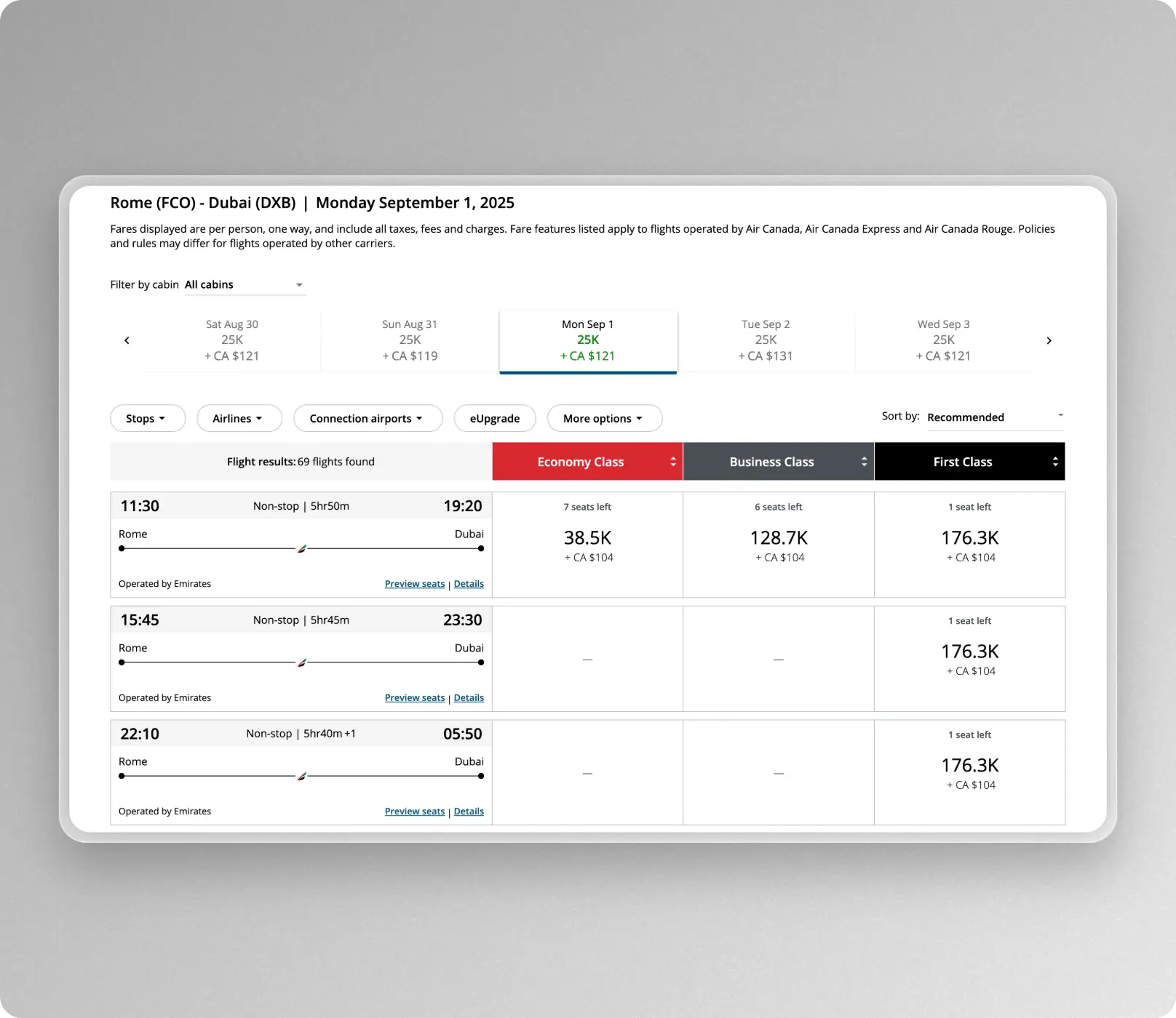 Plenty of award space in first via Aeroplan