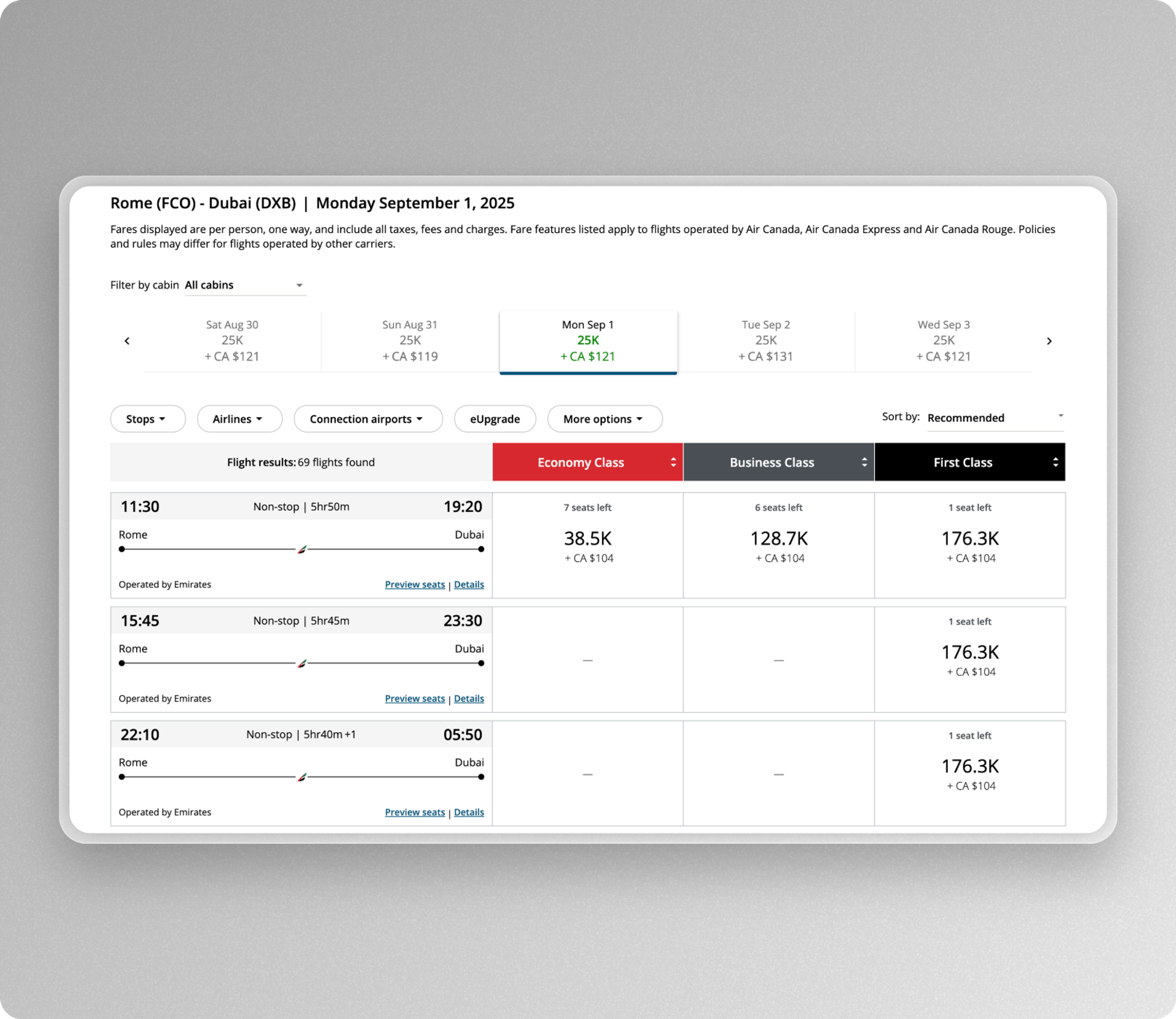 Plenty of award space in first via Aeroplan
