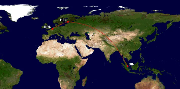 Brussels to Helsinki and then Singapore.